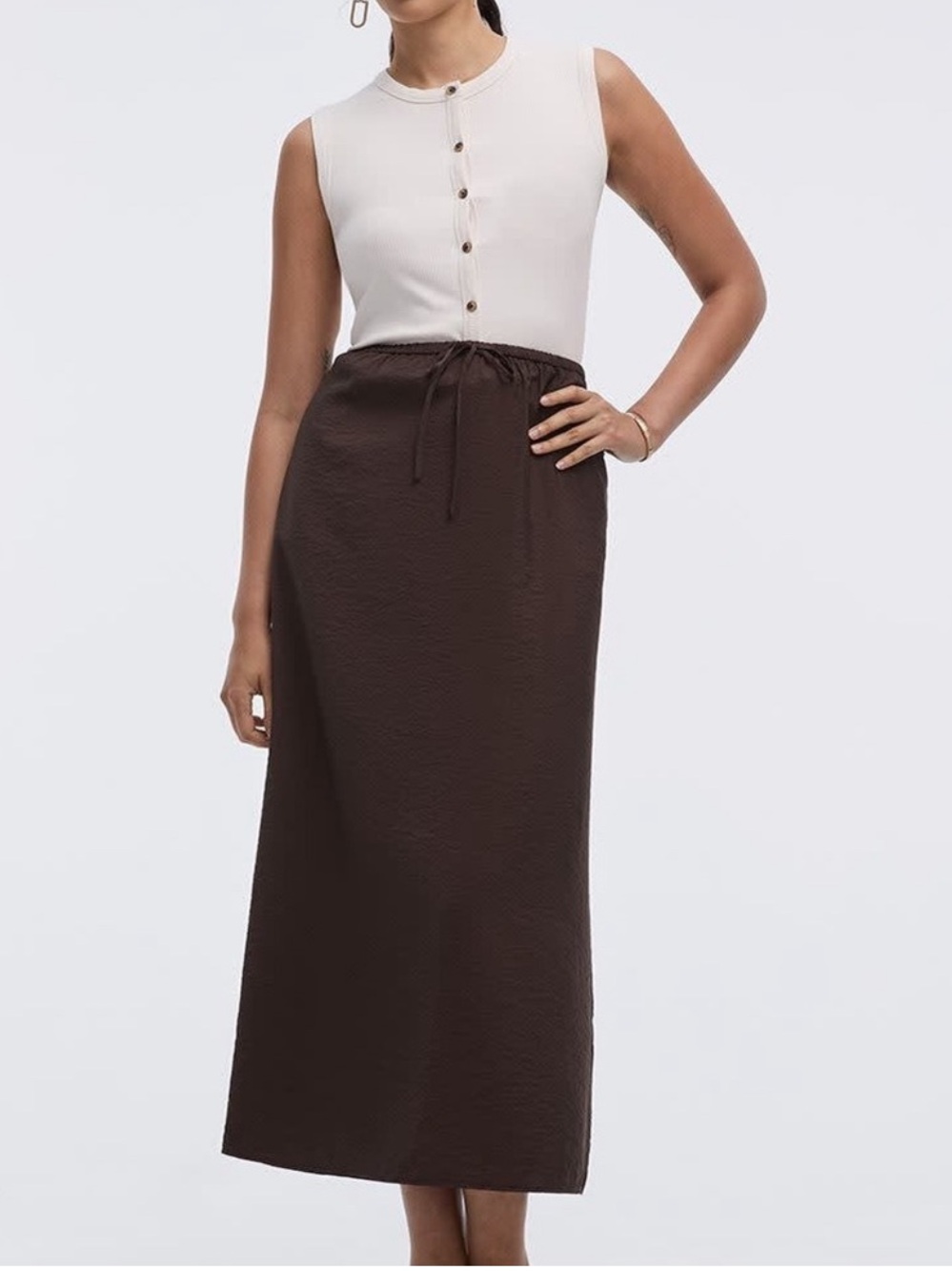 Lightweight Drawstring Maxi Skirt in Dark Brown